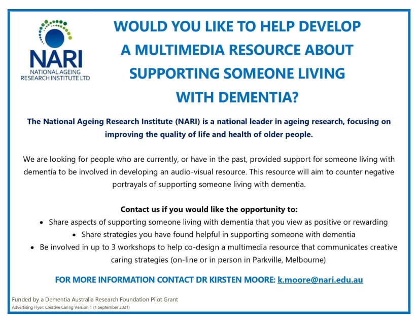 Research recruitment flyer for creative caring project