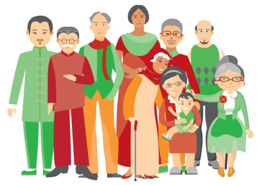 Animation drawing of a group of culturally diverse people of different ages